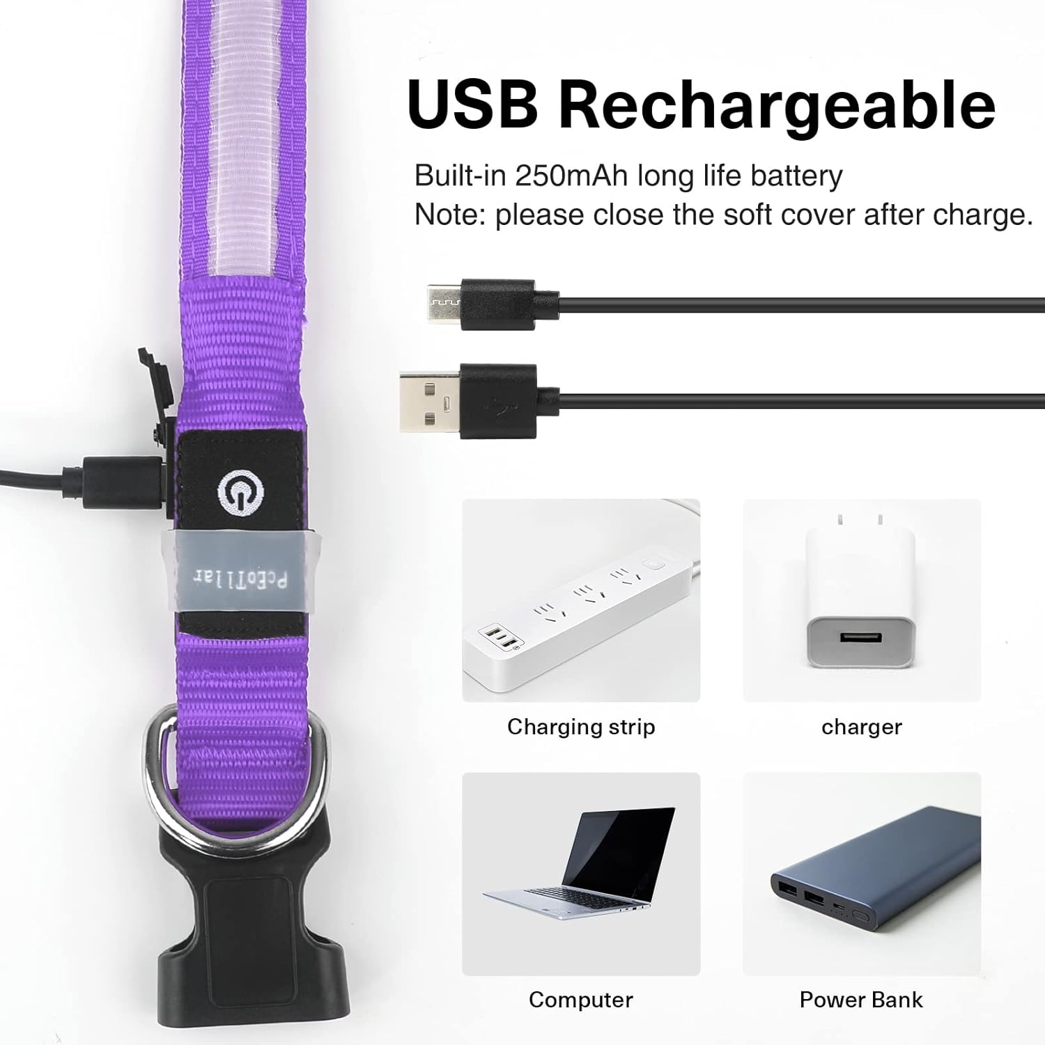 Rechargeable LED Dog Collar, Waterproof Light Up Flashing Safety Collar for Small Medium Large Dogs Purple